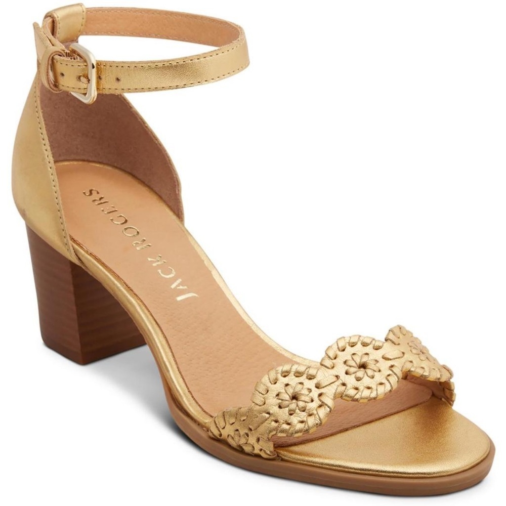 Jack Rogers Metallic Gold Scalloped Floral Ankle-Strap Block Heels